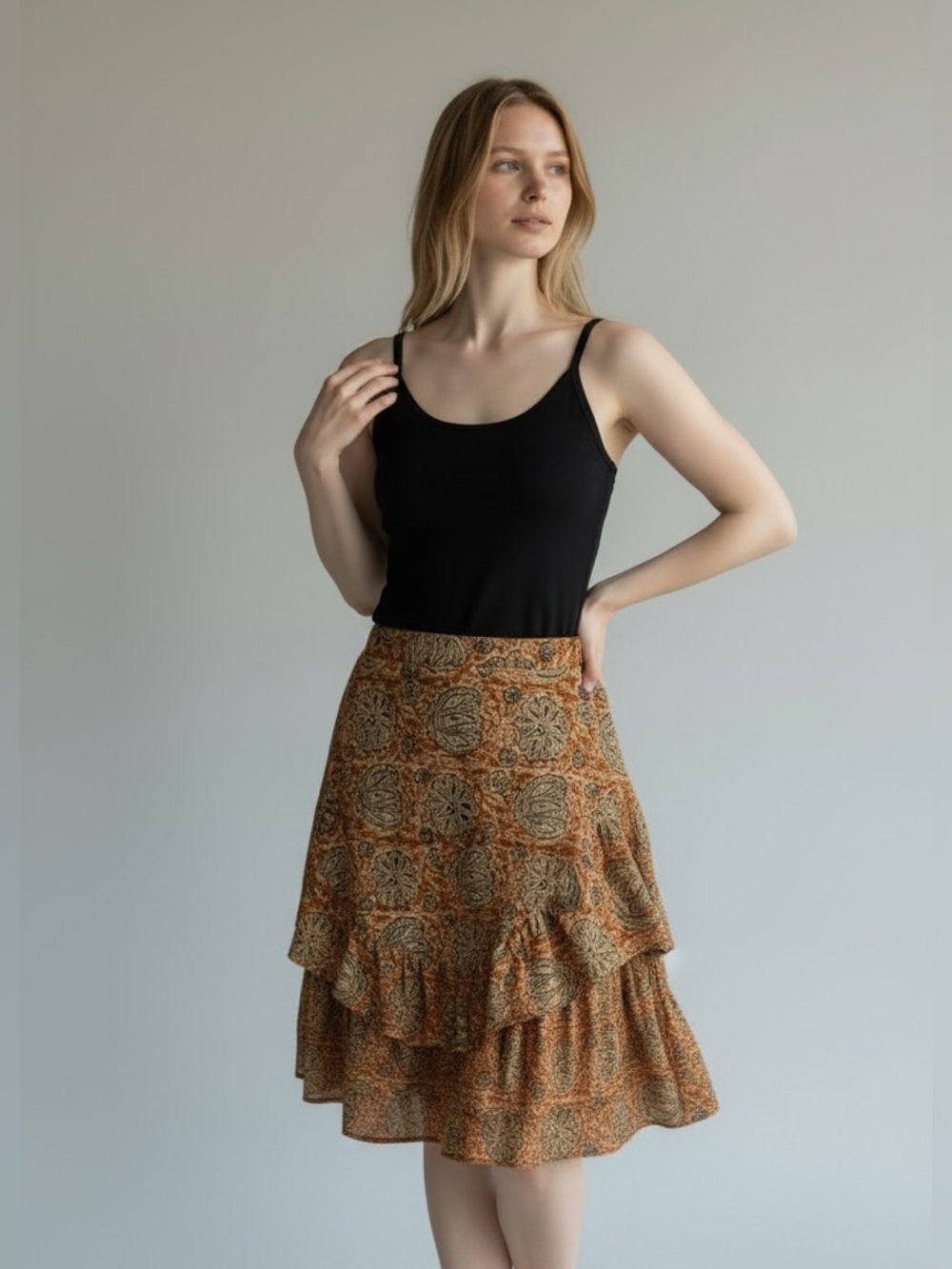 Tiered A-Line Floral Midi Skirt in Rust Brown